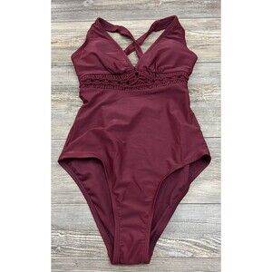 Kona Sol Womens One Piece Swimsuit Burgundy Red Macrame Inset Halter Small NEW